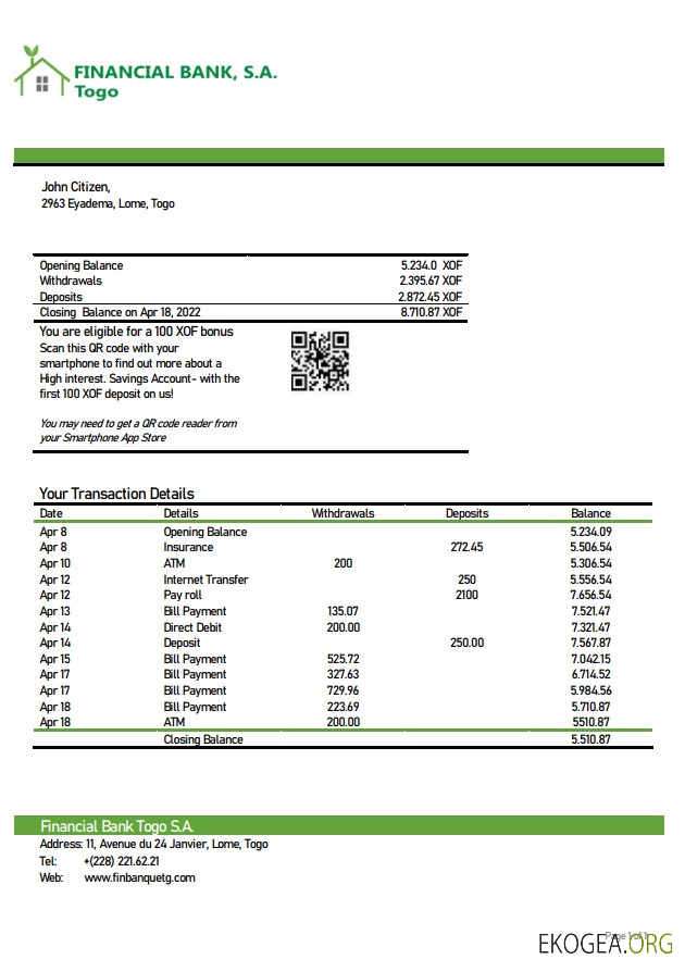 Relevé de la Banque Financière du Togo